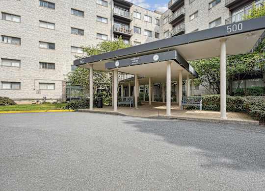 The entrance to an apartment building  at Roosevelt Towers, Falls Church, VA