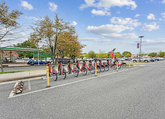 A row of bicycles are parked in a parking lot  at Roosevelt Towers, Falls Church, VA