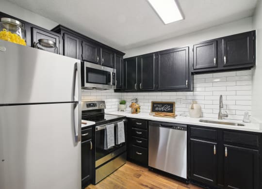 Renovated Kitchen with stainless steel appliances and quartz countertops at Elme Druid Hills, Atlanta, Georgia