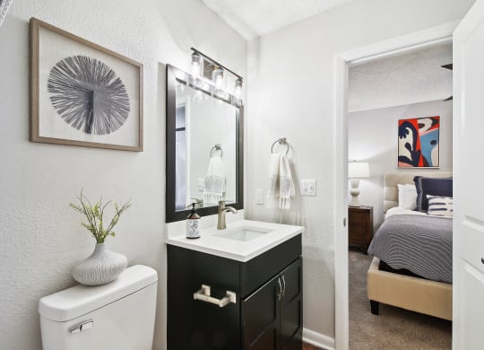 Renovated bathroom with updated vanity at Elme Druid Hills, Atlanta, Georgia