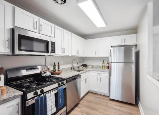 Renovated Kitchen with stainless steel appliances and granite countertops at Roosevelt Towers, Falls Church, VA