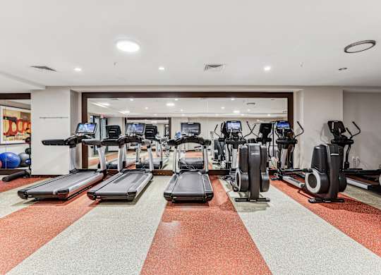 A gym with treadmills, exercise bikes, and elliptical machines at The Maxwell Apartments, Arlington