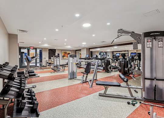 A gym with a variety of equipment including treadmills, weights, and exercise machines at The Maxwell Apartments, Arlington