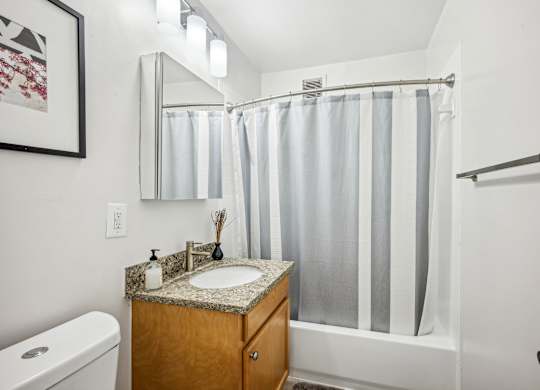 A bathroom with a toilet, sink, and shower curtain.