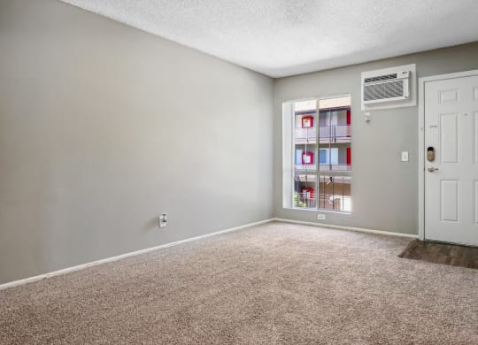 an empty room with carpet and a white door