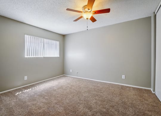 the spacious living room with carpet and a ceiling fan