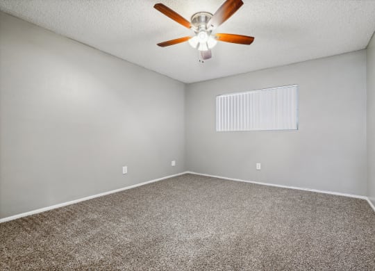 the spacious living room with ceiling fan and carpeting
