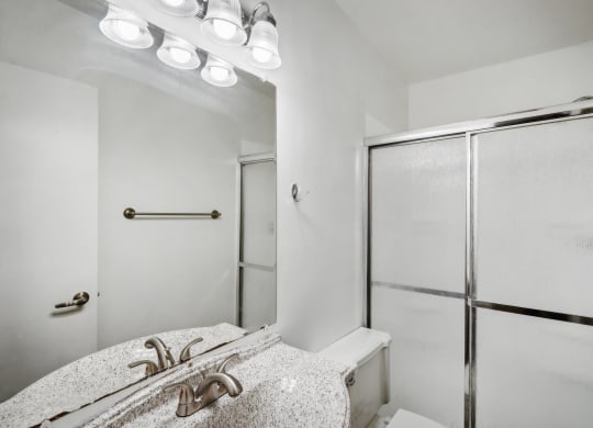 a bathroom with a sink and a shower