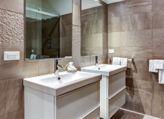 Renovated Bathrooms With Quartz Counters at Renew on Main, Algonquin, Illinois