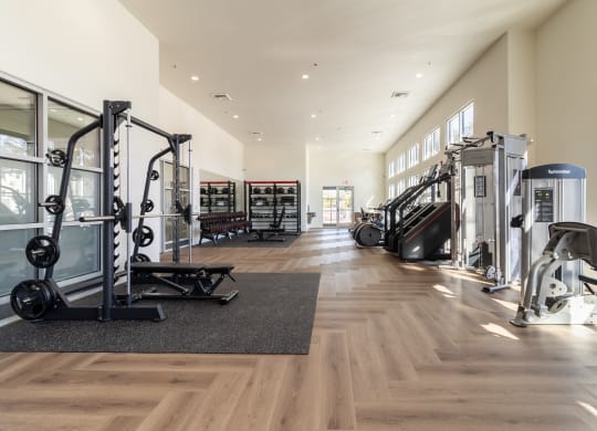 the gym with treadmills a gym with weights and cardio equipment on a rug and large windows at Arrive Paso Robles, Paso Robles, CA, 93446