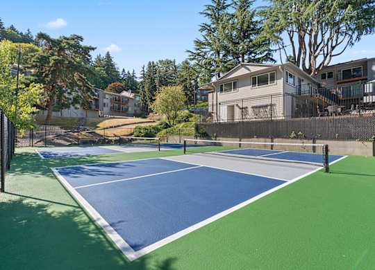 A tennis court with a green and blue surface is surrounded by a black fence.