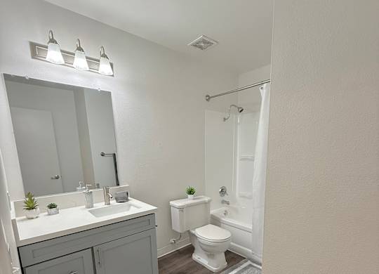 A bathroom with a white sink, toilet, and a mirror.