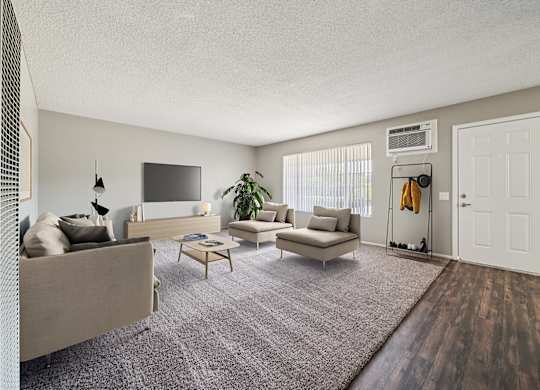 A living room with a couch, a chair, a coffee table, and a television.