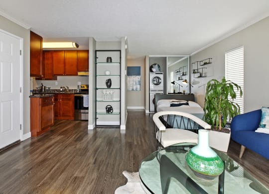 apartment interior from living room with view of kitchen  at OceanAire Apartment Homes, Pacifica, California