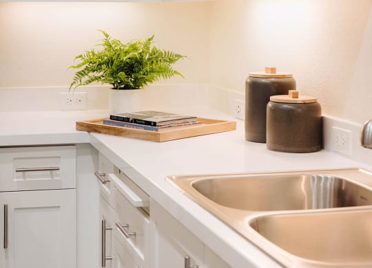 a kitchen with white cabinets and a sink at Arrive Paso Robles, Paso Robles, CA