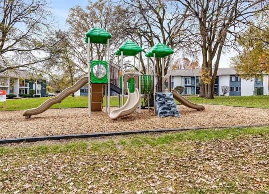 Playground with two slides and three trees at Renew Madison, Madison, 53711