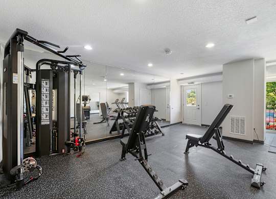 A gym with a variety of equipment including a squat rack, a leg press machine, and a bench press.
