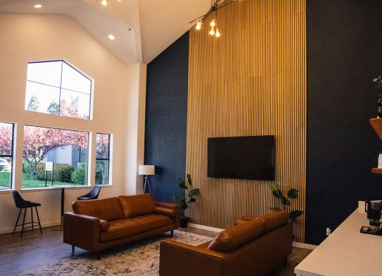 a large living room with couches and a television