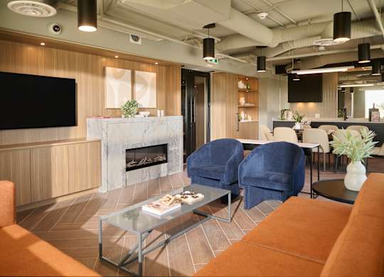 A modern living room with a fireplace and a television.