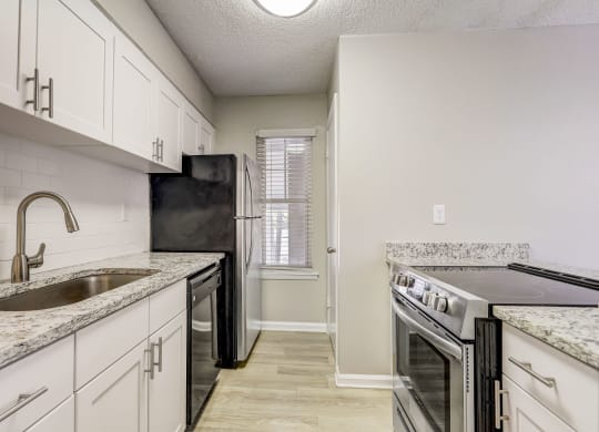 a renovated kitchen with white cabinets and a sink and a stove at Veridian