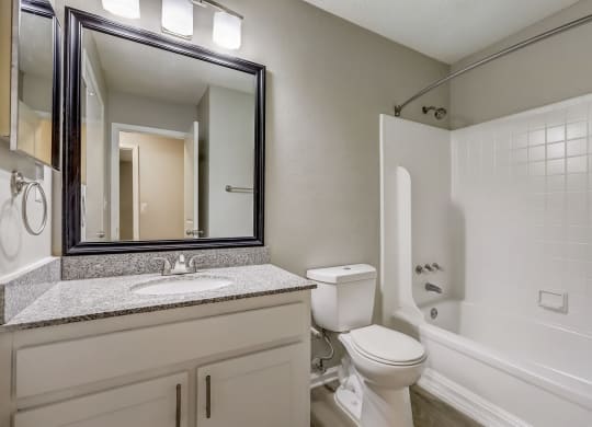 a bathroom with a mirror and a toilet and a tub at Veridian at Sandy Springs