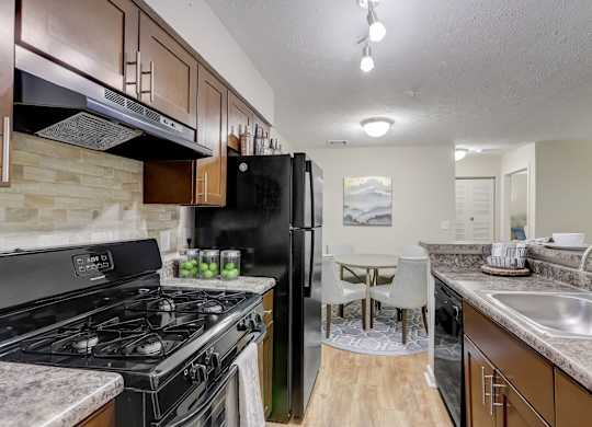 A kitchen with a black refrigerator and stove.