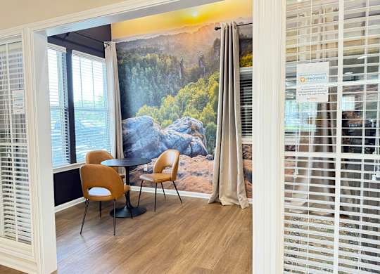 A room with a table and chairs in front of a large wall mural.