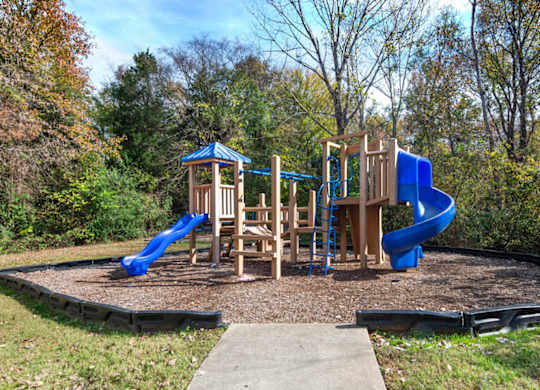 A playground with a blue slide and wooden structure.