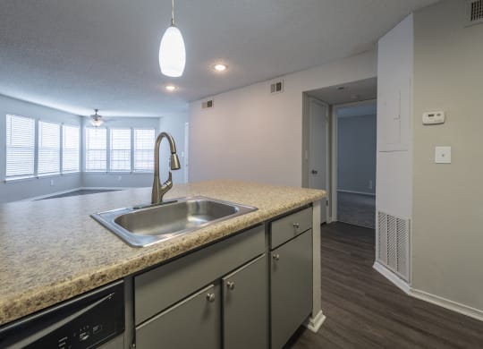 a kitchen with a sink and a window