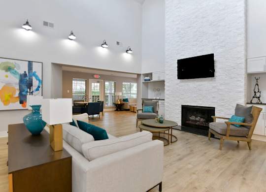 Canopy at Baybrook renovated Leasing Office with a modern couch fireplace and TV