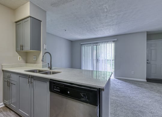 a kitchen at Wynnwood Vinings Atlanta with gray cabinets and a stainless steel dishwasher