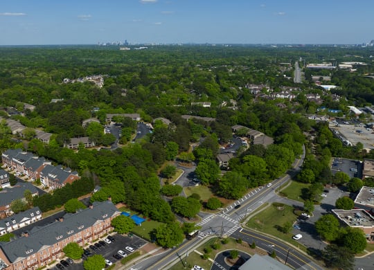 arial view of the Wynnwood Vinings neighborhood with trees and houses