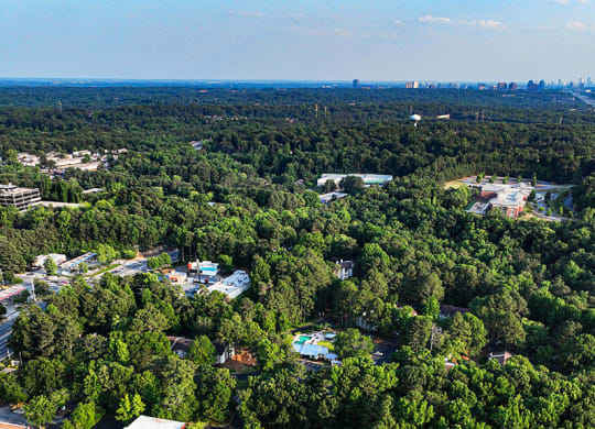 arial view of Veridian with the Atlanta skyline in the background
