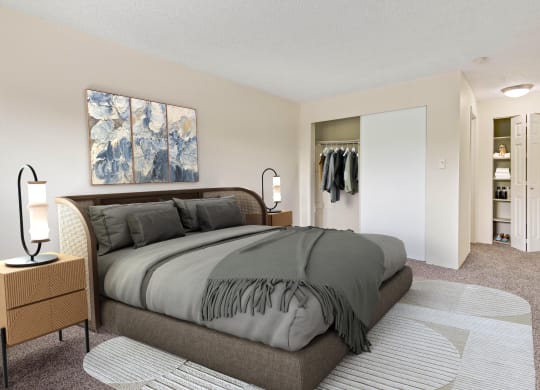 1-BR Apartments In Tukwila, WA - Foster Creek - Spacious Bedroom With Plush Carpeting, Sliding Door Closet, And Storage Closet