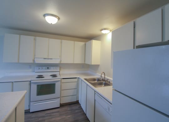 Apartments for Rent in Tacoma, WA - Valley Vista - Kitchen with Wood-Style Flooring, White Countertops, White Cabinets, and White Appliances