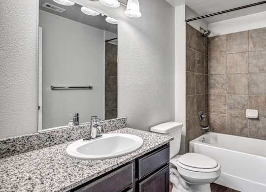 the preserve at ballantyne commons bathroom with tub sink toilet and mirror