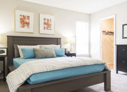 a bedroom with a bed and a closet