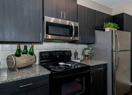 a kitchen with dark cabinets and stainless steel appliances