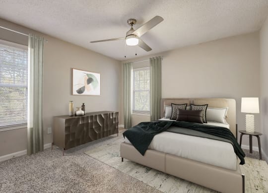 Sandy Springs, GA Pet-Friendly Apartments - Veridian at Sandy Springs - Bedroom with a Ceiling fan, Plush Carpet Flooring, and Large Windows