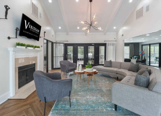 Veridian at Sandy Springs apartments  interior room filled with furniture and a fire place