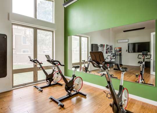 A gym with a row of stationary bikes and a mirror at The Ranch at Bear Creek Apartments, Lakewood, 80227