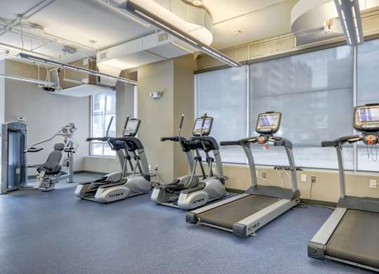 A gym with treadmills and elliptical machines.