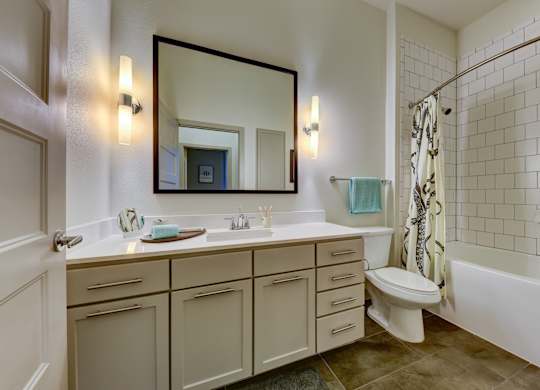 Bathroom with mirror, sink and toilet at Agave, San Antonio, TX, 78205