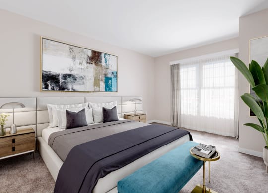 a bedroom with a large painting on the wall and a bed with a blue blanket at West 130, West Hempstead, NY