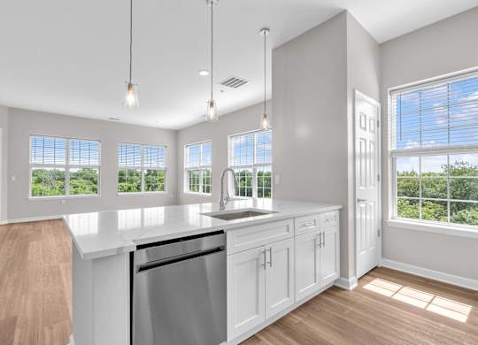 A kitchen with white cabinets and a stainless steel dishwasher.