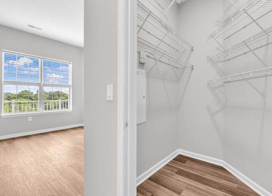A room with a window and a wall of shelves.