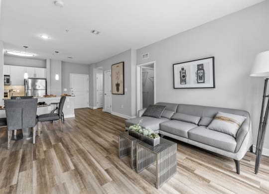 a living room with hardwood flooring and grey couch  at Harbor Pointe, Bayonne, 07002