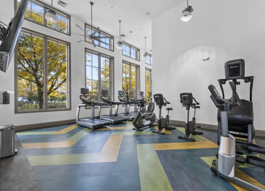a workout room with treadmills and elliptical trainers at Harbor Pointe in Bayonne, NJ