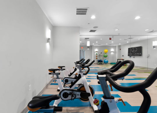 a group of exercise bikes in the Fitness Center at The Lena, Raritan, New Jersey