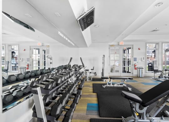 a spacious fitness center at The Lena, New Jersey